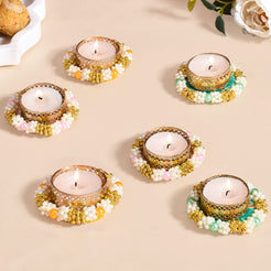 Set Of 6 Beaded Festive Tea Light Holders