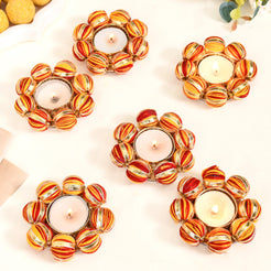 Set Of 6 Tealight Holders With Beaded Thread Decoration