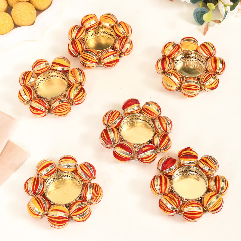 Set Of 6 Tealight Holders With Beaded Thread Decoration
