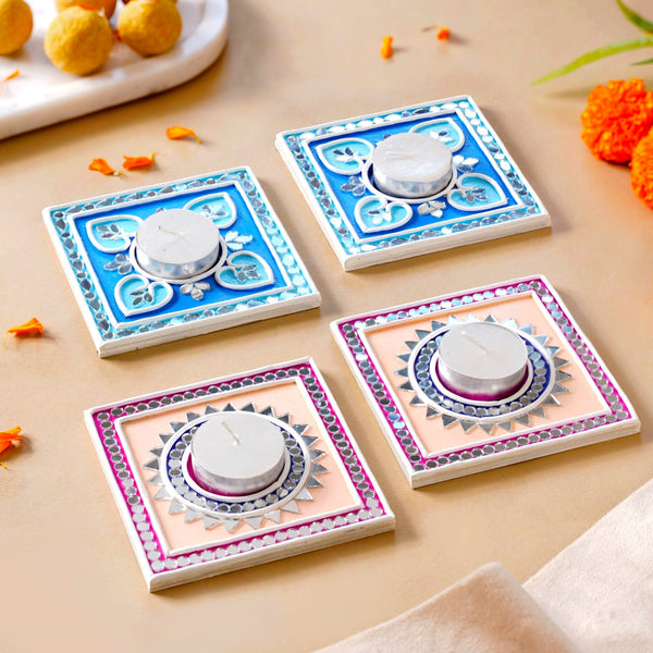 Blush Blue Mirror Work Tealight Candle Holder With Lippan Art Set Of 4