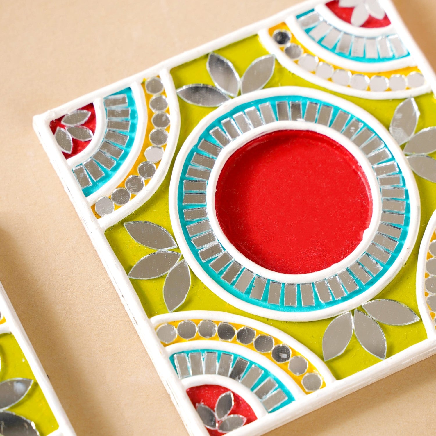 Vibrant Artisanal Tealight Candle Holder With Mirror Work Lippan