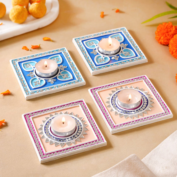 Blush Blue Mirror Work Tealight Candle Holder With Lippan Art Set Of 4