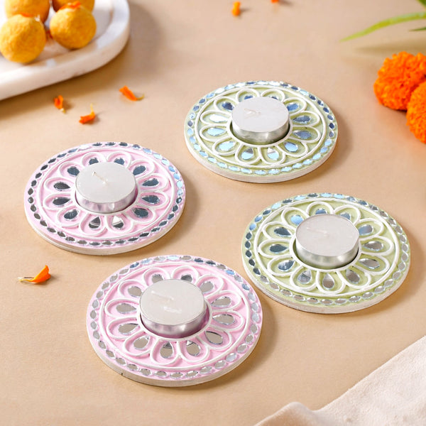 Pastel Tealight Candle Holder With Lippan Art Mirror Work Set Of 4