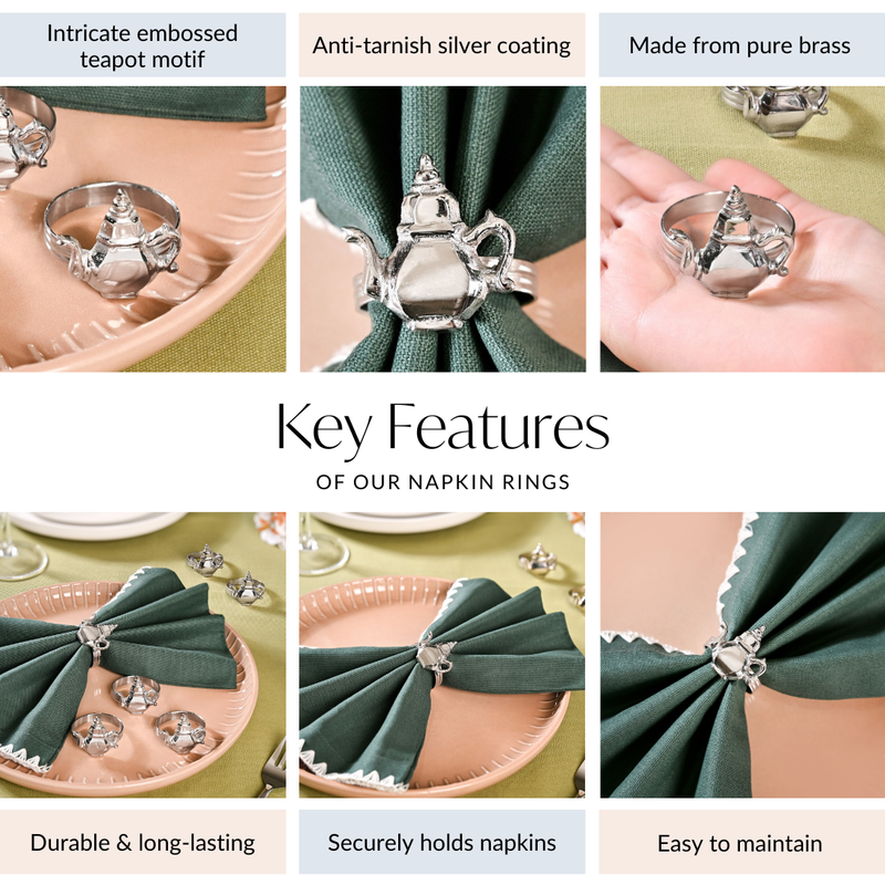 Teapot Pure Brass Napkin Ring With Silver Polish Set Of 6