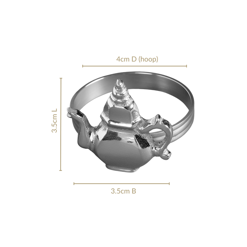 Teapot Pure Brass Napkin Ring With Silver Polish Set Of 6