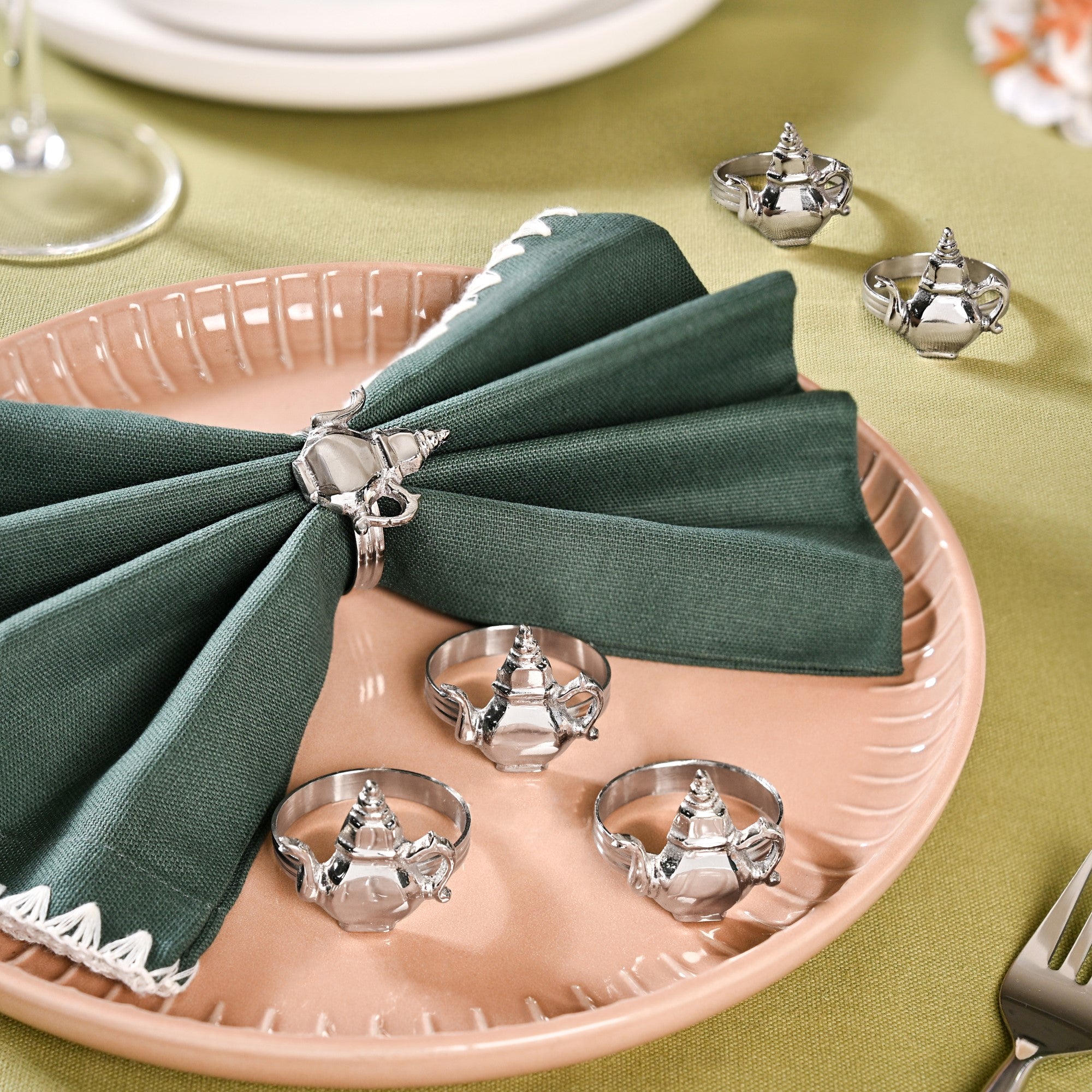 Teapot Pure Brass Napkin Ring Set Of 6 Silver