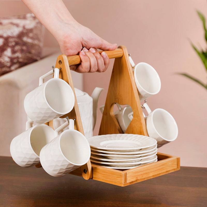 Teardrop Textured Ceramic Tea Set For 6 With Stand