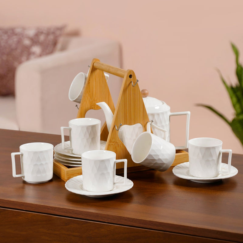 Teardrop Textured Ceramic Tea Set For 6 With Stand