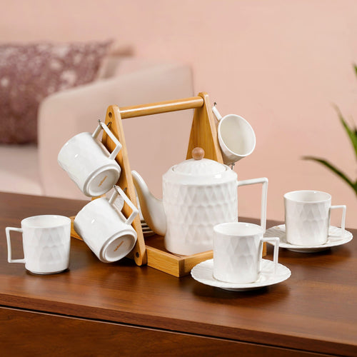 Teardrop Textured Ceramic Tea Set For 6 With Stand