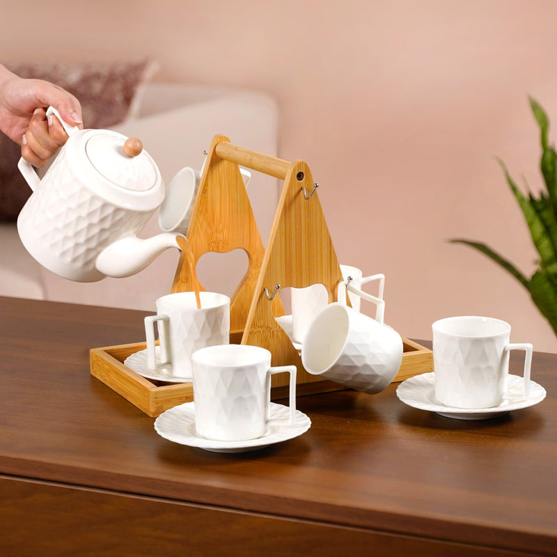 Teardrop Textured Ceramic Tea Set For 6 With Stand