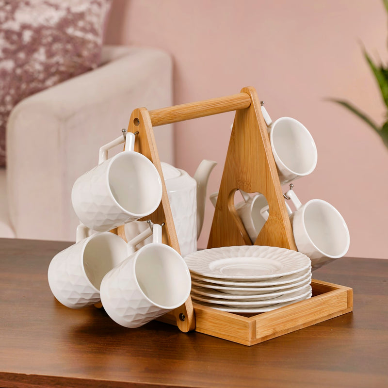 Teardrop Textured Ceramic Tea Set For 6 With Stand