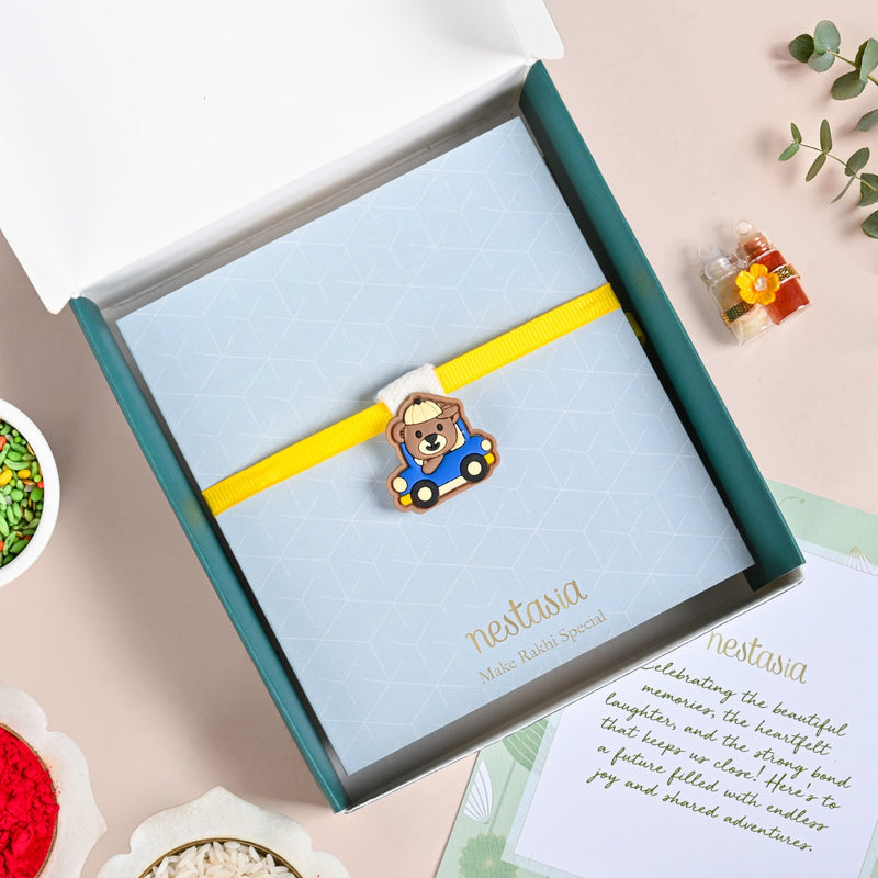 Teddy In A Toy Car Kids Rakhi Set