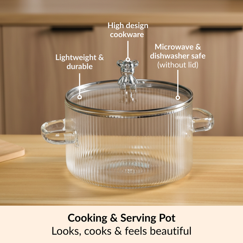 Teddy Lid Borosilicate Glass Cooking Pot 1600ml