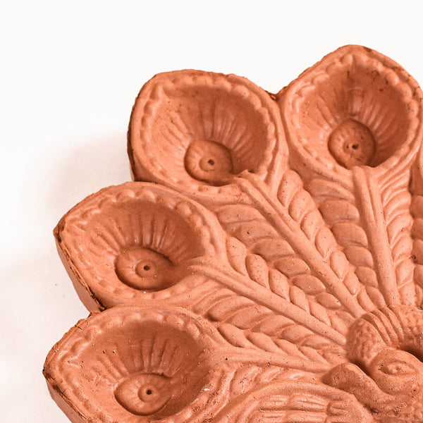 Peacock Feather Engraved Terracotta Diyas Set Of 24