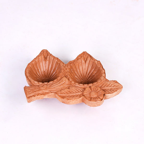 Leaf Shaped Double Slot Terracotta Diwali Diyas Set Of 48