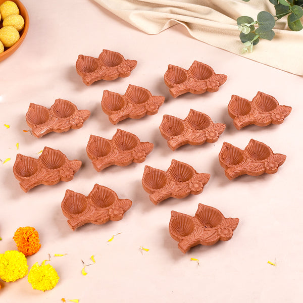 Leaf Shaped Double Slot Terracotta Diwali Diyas Set Of 48