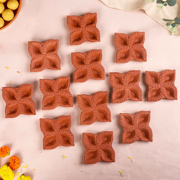 Flower Terracotta Diyas Set Of 48