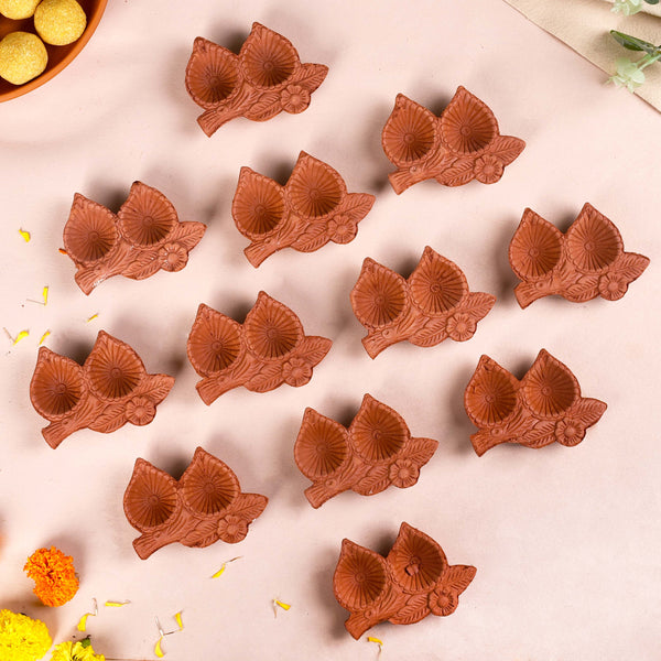 Leaf Shaped Double Slot Terracotta Diwali Diyas Set Of 48