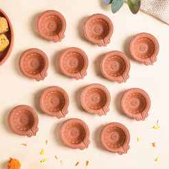 Sunflower Motif Pure Terracotta Clay Diyas Set Of 48