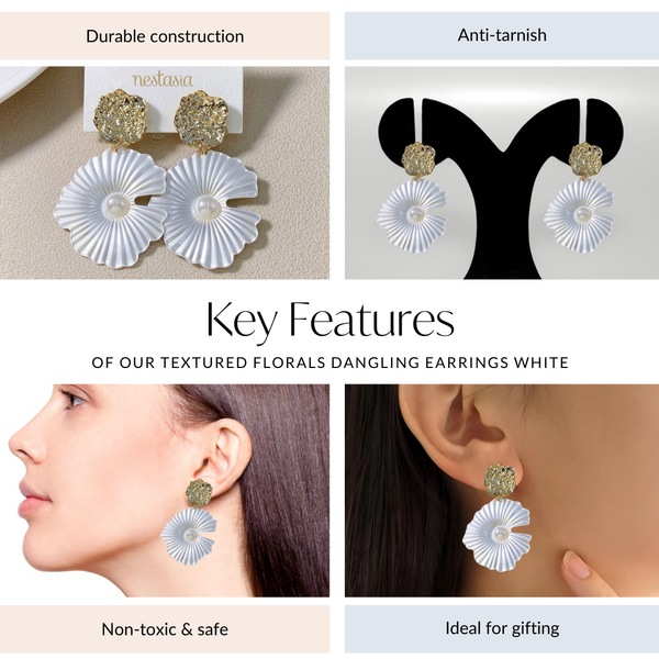 Textured Florals Dangling Earrings White