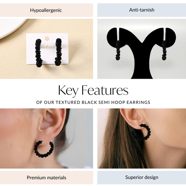 Textured Black Semi Hoop Earrings