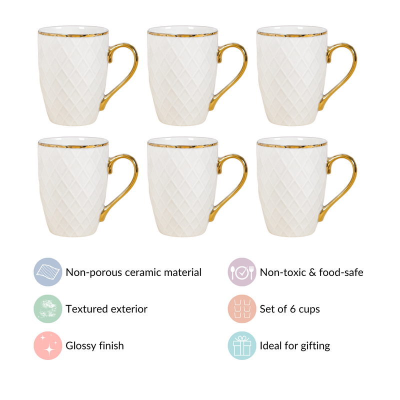 Diamond Embossed Mug Set of 6 330ml - Coffee mugs, coffee mug set, ceramic coffee mugs, tea cup set, tea cups, tea cup set of 6