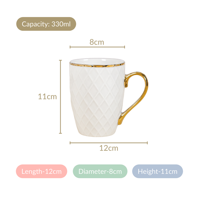 Diamond Embossed Mug Set of 6 330ml - Coffee mugs, coffee mug set, ceramic coffee mugs, tea cup set, tea cups, tea cup set of 6