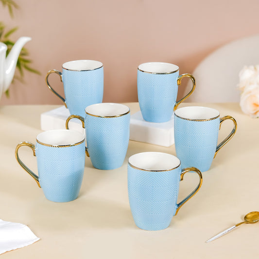 Set of 6 Embossed Blue Coffee Mug 330ml - Tea cup set, coffee cup set, tea cups, coffee cups, ceramic tea cups, coffee mugs