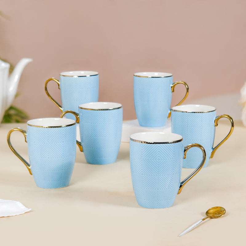 Set of 6 Embossed Blue Coffee Mug 330ml - Tea cup set, coffee cup set, tea cups, coffee cups, ceramic tea cups, coffee mugs