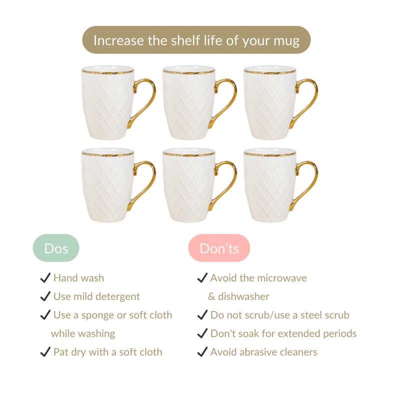 Diamond Embossed Mug Set of 6 330ml - Coffee mugs, coffee mug set, ceramic coffee mugs, tea cup set, tea cups, tea cup set of 6