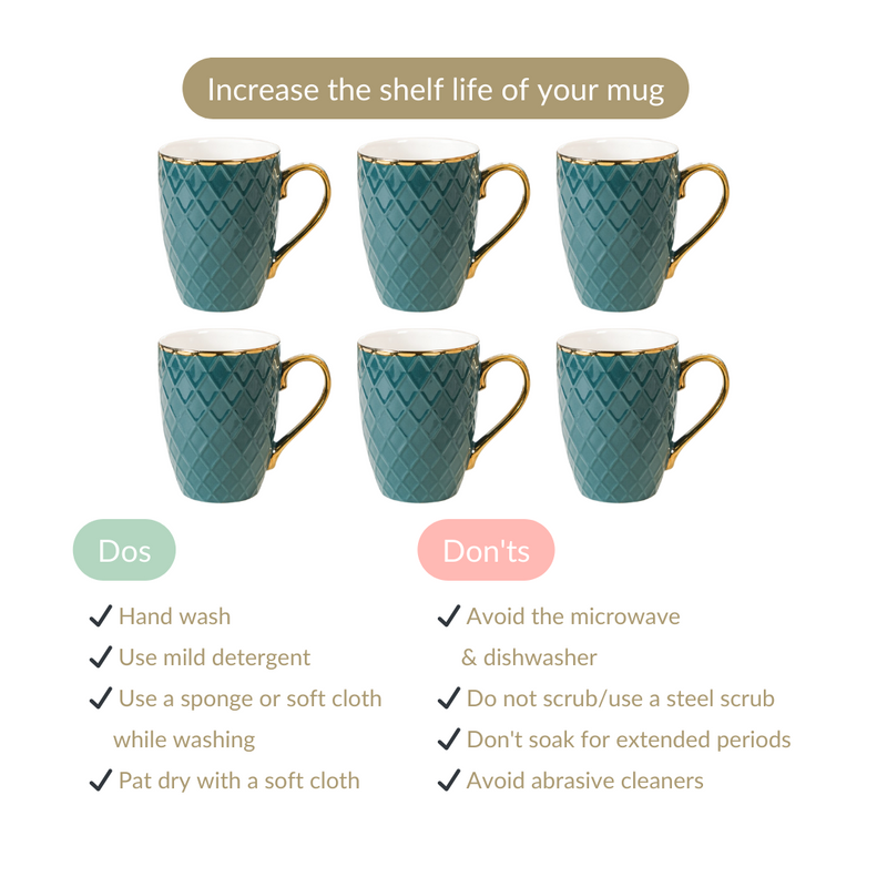 Checks Embossed Cup Set of 6 Green 330ml - Coffee mugs, ceramic mugs, coffee mug set, green mugs