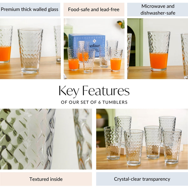 Textured Tall Tumbler Glass  Set Of 6 450ml