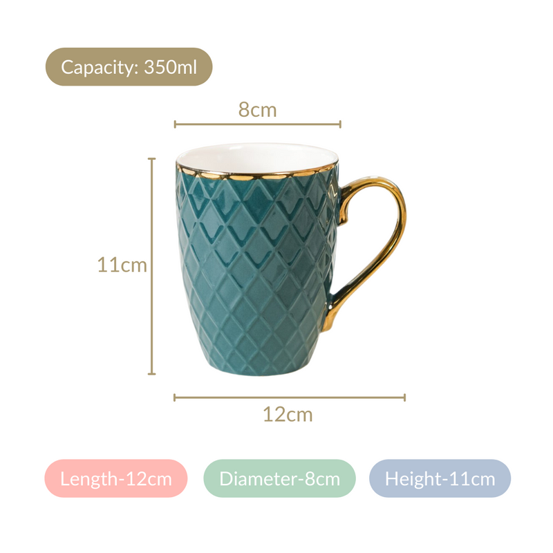 Checks Embossed Cup Set of 6 Green 330ml - Coffee mugs, ceramic mugs, coffee mug set, green mugs