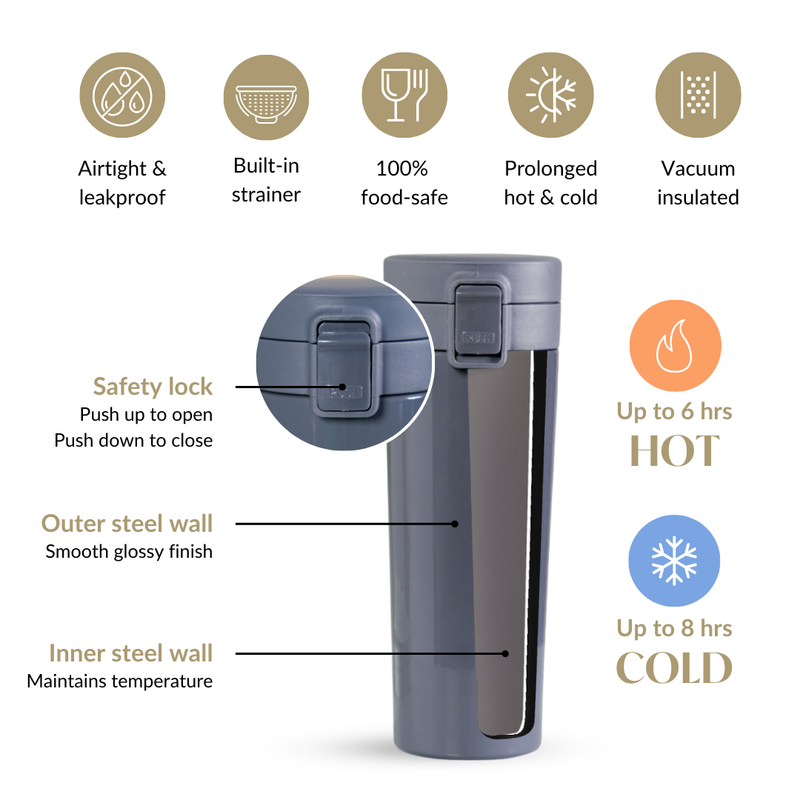 Thermox Double Wall Insulated Travel Mug With Strainer Onyx Grey 500ml