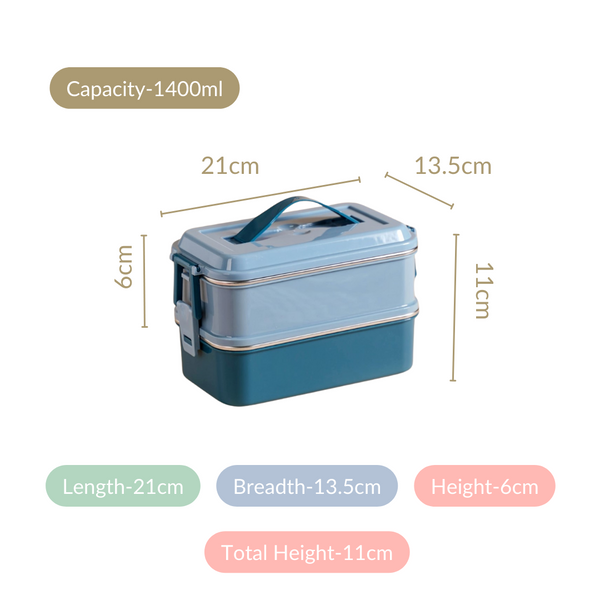 Double Decker Lunch Box For Office Blue 1400ml
