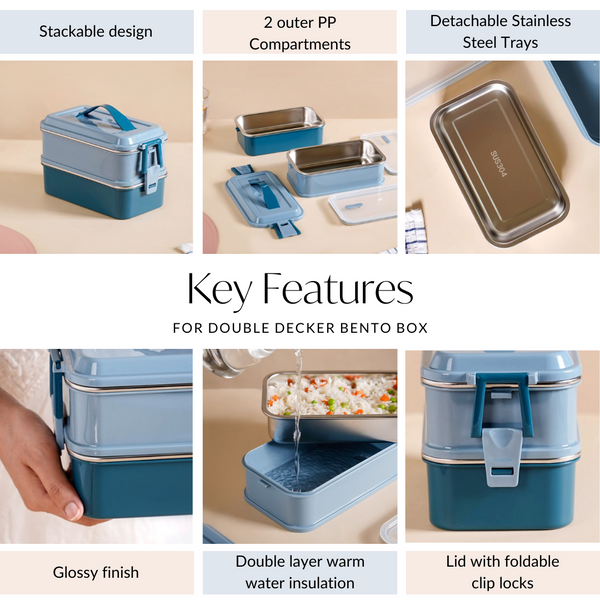 Double Decker Lunch Box For Office Blue 1400ml