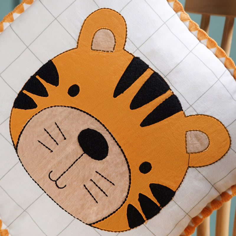 Tiger Embroidered Cotton Kids Cushion Cover 42x42cm