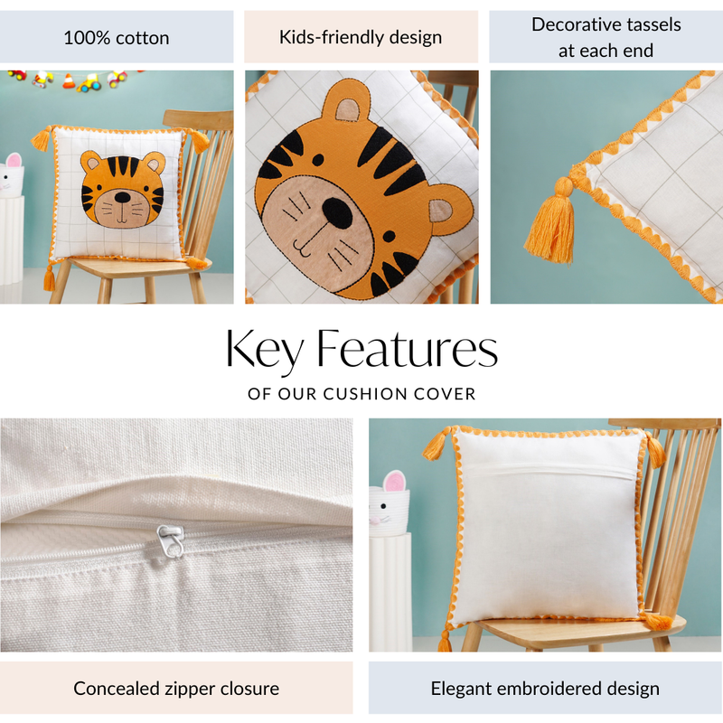 Tiger Embroidered Cotton Kids Cushion Cover 42x42cm