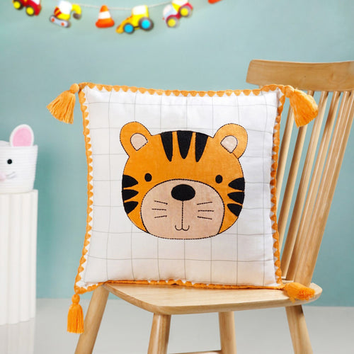 Tiger Embroidered Cotton Kids Cushion Cover 42x42cm