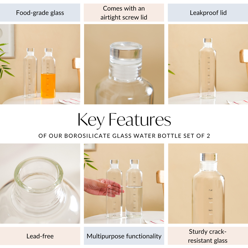 Time Marker Borosilicate Glass Water Bottle Set Of 2 550ml