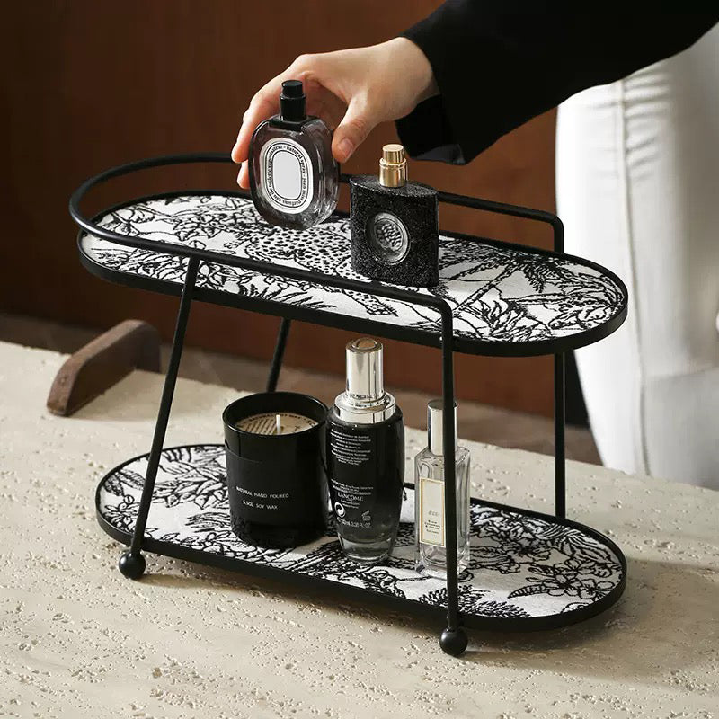 Toile de Jouy Vanity Storage Display 2 Story Tray Black
