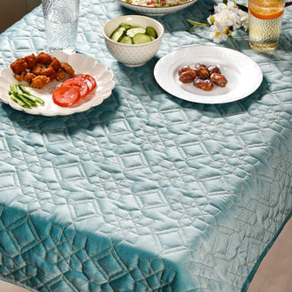 Quilted Aqua Blue Table Cover With Silver Threadwork