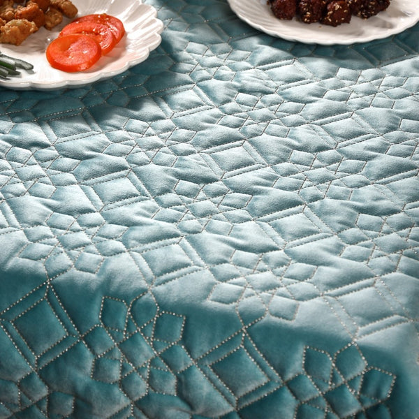 Quilted Aqua Blue Table Cover With Silver Threadwork