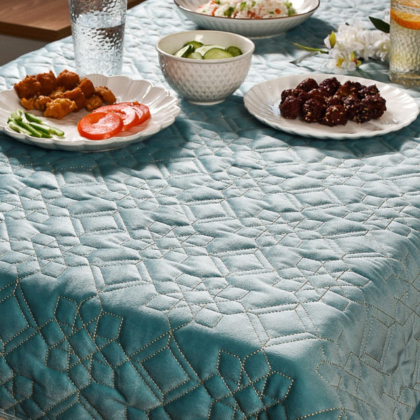 Quilted Aqua Blue Table Cover With Silver Threadwork