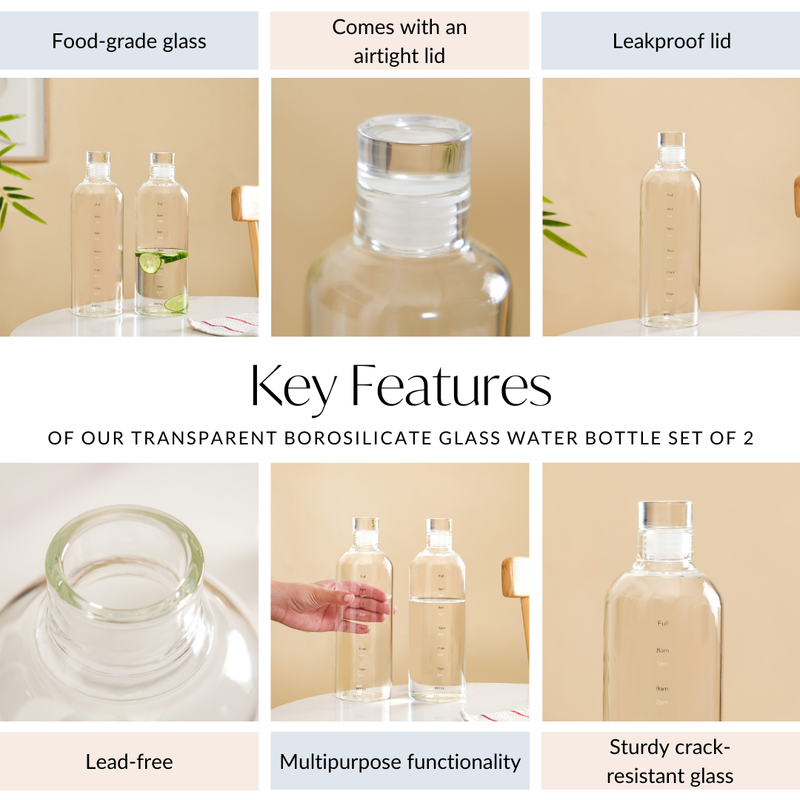 Transparent Borosilicate Glass Water Bottle Set Of 2 780ml