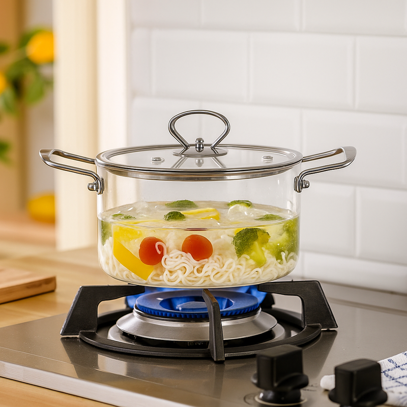 Transparent Glass Cooking Pot With Stainless Steel Grip Handles 2500ml
