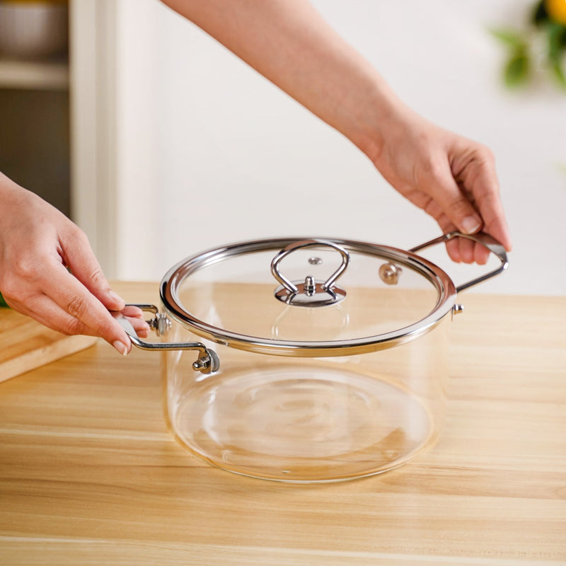 Transparent Glass Cooking Pot With Stainless Steel Grip Handles 2500ml