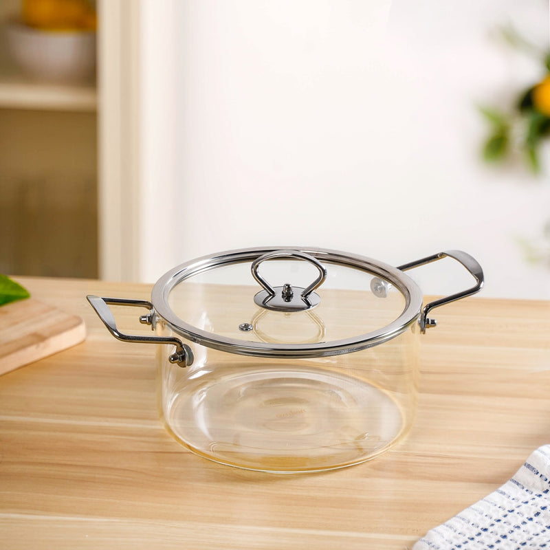 Transparent Glass Cooking Pot With Stainless Steel Grip Handles 2500ml