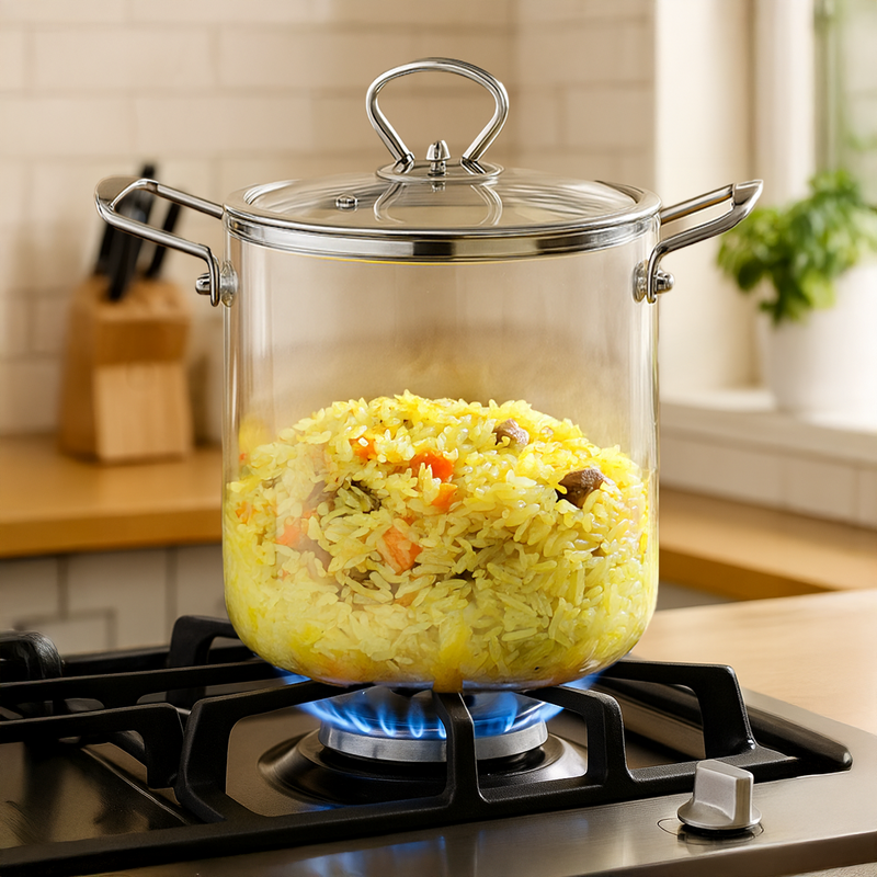 Transparent Glass Soup Pot With Stainless Steel Handle Extra Large 5500ml