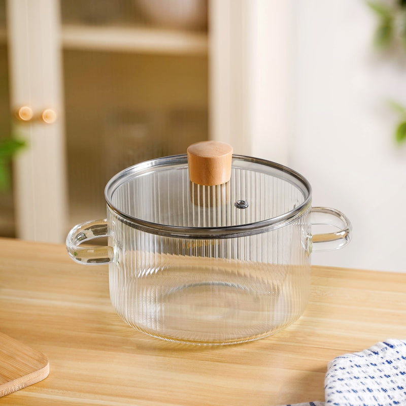 Transparent Ribbed Borosilicate Glass Cooking Pot With Lid 1800ml